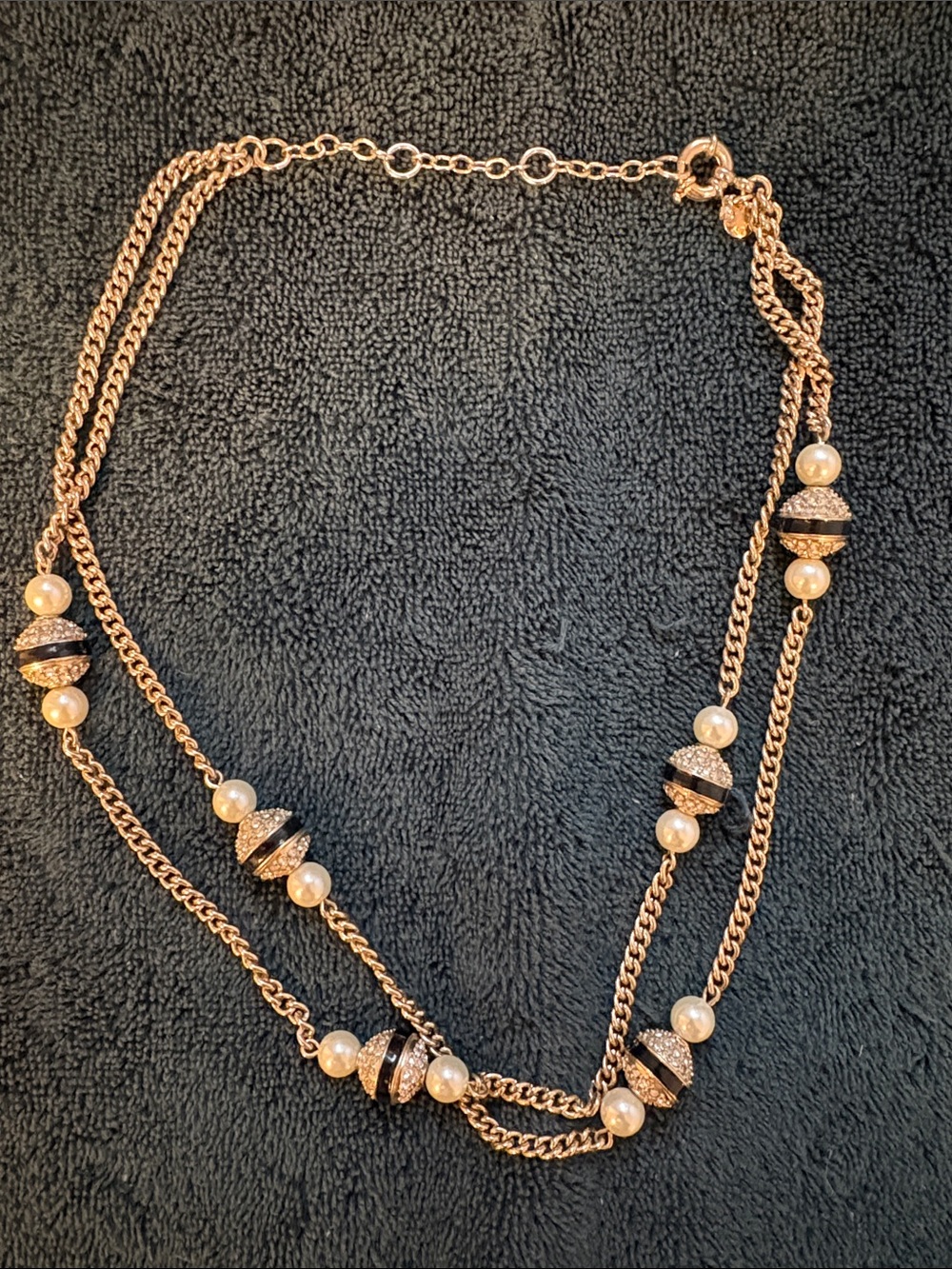 Gold Pearl & Black Crystal Station Necklace - Elegant Layered Necklace